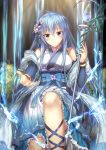  1girl blue_eyes blue_hair bracelet detached_sleeves dress duel_monster eria frilled_dress frills hair_ornament highres jewelry leg_up long_hair luzi nontraditional_miko obi reaching_out ribbon ring runes sash skirt staff water yuu-gi-ou 