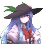  1girl ahoge black_hat blue_hair blush bow bowtie eyebrows eyebrows_visible_through_hair food frown fruit hat hat_leaf hinanawi_tenshi long_hair looking_at_viewer miata_(pixiv) one_eye_covered peach puffy_short_sleeves puffy_sleeves red_bow red_bowtie red_eyes short_sleeves simple_background solo touhou upper_body white_background 