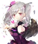  atsumi_jun bare_shoulders black_wings drill_hair flower gothic_lolita hair_flower hair_ornament idolmaster idolmaster_cinderella_girls kanzaki_ranko lolita_fashion long_sleeves looking_at_viewer open_mouth outstretched_hand red_eyes silver_hair smile twin_drills twintails wings 
