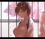  1boy 1girl :d blurry blush breasts brown_eyes brown_hair depth_of_field falling_leaves indoors isshiki_(ffmania7) japanese_clothes kaga_(kantai_collection) kantai_collection kimono large_breasts letterboxed light_smile lips long_sleeves military military_uniform naval_uniform open_mouth parted_lips plant side_ponytail smile solo_focus tree uniform upper_body 