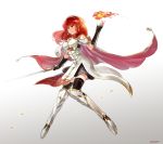  1girl armor armored_boots boots cape celica_(fire_emblem) dress earrings fingerless_gloves fire_emblem fire_emblem_echoes:_mou_hitori_no_eiyuuou fire_emblem_gaiden fireball futabaaf gloves gradient gradient_background highres jewelry long_hair magic red_eyes redhead solo sword thigh-highs tiara weapon zettai_ryouiki 