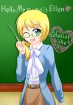  1girl blonde_hair blue_eyes chalkboard ellen_baker glasses green_eyes misumi_takasumi new_horizon open_mouth ponytail smile solo 
