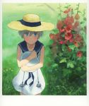  1girl :&gt; alternate_costume blue_eyes blush collarbone dress field flower grass grey_hair hat hat_removed headwear_removed holding kantai_collection looking_at_viewer looking_up outdoors plant sailor_dress sailor_hat shijukara_(great_tit) short_hair sleeveless sleeveless_dress smile solo straw_hat sun_hat traditional_media watercolor_(medium) z1_leberecht_maass_(kantai_collection) 