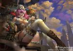  1girl artist_name boots breasts chimney cleavage cleavage_cutout clouds corset dongyunqihai garter_straps gauntlets goggles hat high_heel_boots high_heels highres long_hair looking_at_viewer nurse_cap parted_lips pink_hair sitting sky solo spread_legs steam steampunk syringe thigh-highs 