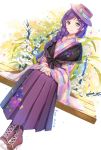  1girl alternate_hairstyle aqua_eyes artist_name braid duzie_e flower hat highres japanese_clothes long_hair long_skirt looking_at_viewer love_live!_school_idol_project purple_hair shawl sitting skirt smile solo toujou_nozomi wide_sleeves 