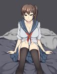  1girl bed breasts brown_hair cleavage highres kaga_(kantai_collection) kantai_collection large_breasts looking_at_viewer naughty_face school_uniform serafuku side_ponytail sitting smile solo wangphing yellow_eyes 