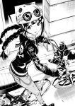  1girl absurdres bangs belt boots braid chain clothes_writing door from_above gloves helmet highres holding long_hair long_sleeves masayasuf monochrome motor_vehicle motorcycle motorcycle_helmet original pants scarf sidelocks sitting skull_and_crossbones smile solo twin_braids twintails vehicle yamaha 