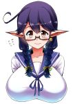  1girl ahoge alternate_hairstyle blush braid breasts brown_eyes earrings elf glasses huge_breasts jewelry kantai_collection long_hair looking_at_viewer perepere-kun pointy_ears school_uniform smile sweat twin_braids twintails uniform ushio_(kantai_collection) 