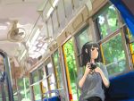  1girl amatsuka_urara baby_princess black_hair camera ceiling_fan ichihi_(spinon) long_hair red_eyes sitting solo train train_interior 