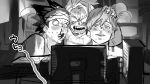  3boys awase_yousetsu blood bloodshot_eyes blush boku_no_hero_academia computer greyscale hand_on_another&#039;s_head headband heavy_breathing monochrome monoma_neito multiple_boys nosebleed psychobusu sharp_teeth sitting spiky_hair sweat tank_top teeth tetsutetsu_tetsutetsu watching 