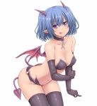  1girl bangs black_bra black_gloves black_legwear black_panties blue_hair bra breasts broken broken_chain chain cleavage collar collarbone demon_girl demon_horns demon_tail demon_wings gloves hasu_(hk_works) horns imp leaning_forward looking_at_viewer navel o-ring_bottom original panties pointy_ears simple_background solo tail thigh-highs underwear violet_eyes white_background wings 