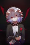  1girl alternate_costume black_cat cat closed_mouth expressionless flower hat hat_ribbon highres hoshimawa lavender_hair looking_at_viewer mob_cap red_eyes red_ribbon red_rose remilia_scarlet ribbon rose short_hair the_godfather touhou tuxedo 