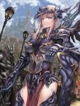  1boy 1girl agetake armor armored_dress blonde_hair breasts castle crossed_arms fantasy gauntlets helmet highres holding holding_weapon knight lamppost long_hair looking_at_viewer original polearm shield thigh-highs violet_eyes weapon 