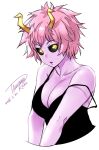  1girl artist_name ashido_mina black_sclera boku_no_hero_academia breasts cleavage collarbone dated highres horns large_breasts looking_to_the_side pink_hair puckered_lips purple_skin short_hair signature solo strap_slip tachibana_roku upper_body v_arms yellow_eyes 