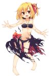  1girl bare_shoulders barefoot bikini black_bikini black_skirt blonde_hair collarbone fang full_body hair_ribbon halterneck highres looking_at_viewer maturiuta_sorato navel open_mouth orange_eyes outstretched_arms red_ribbon ribbon rumia short_hair simple_background skirt smile solo swimsuit touhou white_background 