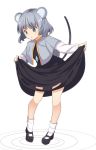  1girl animal_ears blush capelet dress dress_lift full_body grey_eyes grey_hair jewelry jpeg_artifacts long_sleeves looking_down mary_janes mouse_ears mouse_tail nazrin necklace oimo_(imoyoukan) shoes short_hair shorts simple_background socks solo tail touhou white_background white_legwear 