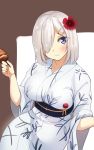  1girl alternate_costume blue_eyes blush breasts flower hair_flower hair_ornament hair_over_one_eye hairclip hamakaze_(kantai_collection) highres japanese_clothes kantai_collection kimono large_breasts looking_at_viewer obi sash shiba_nanasei short_hair silver_hair smile solo yukata 