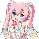  1girl :d angelic_buster bare_shoulders bat_wings blonde_hair blue_eyes blush cellphone fang gloves gradient_hair hair_ornament horns maplestory multicolored_hair nekono_rin open_mouth phone pink_hair smile twintails wings 