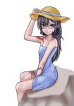  1girl artist_name bare_shoulders bespectacled between_legs black_hair bow burn_scar collarbone dorei_to_no_seikatsu_~teaching_feeling~ dress floral_print glasses grey_eyes hair_bow hair_ornament hairclip hand_between_legs hand_on_headwear hat long_hair looking_at_viewer scar signature simple_background sitting smile solo spaghetti_strap sret sun_hat sundress sylvie_(dorei_to_no_seikatsu) white_background 