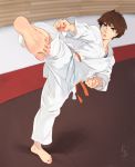  1girl blue_eyes brown_hair clenched_hands feet feguimel fighting_stance highres karate kicking original short_hair soles solo toes watermark 