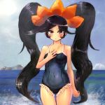  1girl ashley_(warioware) black_hair byte_(grunty-hag1) cowboy_shot hair_ornament hand_on_own_chest long_hair looking_at_viewer ocean one-piece_swimsuit outdoors red_eyes solo swimsuit twintails warioware water 