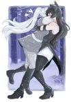  2girls arms_around_back arms_around_neck artist_name black_hair blake_belladonna boots bow closed_eyes commentary dashingicecream elbow_gloves gloves hair_bow heart hug multiple_girls pantyhose rwby snow tree weiss_schnee white_hair yuri 