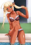  1girl :o ahoge aqua_eyes arm_at_side arm_support ass_visible_through_thighs bangs bikini blonde_hair blush chiro collarbone dark_elf dark_skin door elf frilled_bikini frills groin hair_ribbon head_tilt holding holding_hair long_hair looking_at_viewer o-ring_bikini o-ring_top original pointy_ears pool poolside red_bikini ribbon shiny shiny_skin sitting soaking_feet solo striped striped_bikini swimsuit tile_wall tiles toned twintails water 