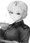  1girl braid commentary cup darjeeling eyebrows eyebrows_visible_through_hair girls_und_panzer imizu_(nitro_unknown) looking_at_viewer military military_uniform monochrome saucer short_hair smile solo teacup tied_hair translated uniform 