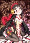  1girl arm_support bell black_hair black_legwear blush breasts char cleavage comb dress long_hair looking_at_viewer original pantyhose pointy_ears rope sitting tears thighband_pantyhose violet_eyes wariza 