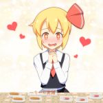  +_+ 1girl blonde_hair blush cato_(monocatienus) drooling food hair_ornament hair_ribbon hands_clasped heart mirror_writing open_mouth red_eyes ribbon rumia short_hair smile solo sparkling_eyes tiles touhou translated 