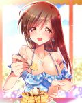  1girl blush breasts brown_eyes brown_hair chihiro_(oimo) cleavage food ice_cream idolmaster idolmaster_cinderella_girls long_hair looking_at_viewer nitta_minami pancake pov solo 