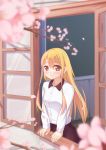  1girl absurdres apollo_(hu_maple) blonde_hair blouse blurry cherry_blossoms depth_of_field hand_rest highres long_hair long_sleeves looking_at_viewer looking_out_window open_window original petals red_eyes skirt smile solo tree_branch 