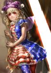  1girl alley american_flag_legwear american_flag_shirt blonde_hair clownpiece fairy_wings frilled_shirt frills hat jester_cap light_rays lips long_hair looking_at_viewer pantyhose perspective realistic red_eyes shirt short_sleeves small_breasts smile solo sunlight touhou transparent_wings very_long_hair wavy_hair wings woominwoomin5 