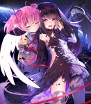  2girls absurdres akemi_homura akuma_homura argyle argyle_legwear artist_name asymmetrical_legwear bangs black_dress black_gloves black_hair black_legwear black_wings blush bow bowtie closed_eyes crying crying_with_eyes_open detached_collar dissolving_clothes dress earth eyebrows eyebrows_visible_through_hair feathered_wings feathers floating floral_print frilled_skirt frills gendo0033 gloves hair_bow hair_ribbon hairband hand_on_another&#039;s_cheek hand_on_another&#039;s_face heterochromia highres holding_hands juliet_sleeves kaname_madoka lens_flare loafers long_hair long_sleeves magical_girl mahou_shoujo_madoka_magica mahou_shoujo_madoka_magica_movie multiple_girls open_mouth pantyhose petals pink_hair pink_ribbon plaid plaid_skirt pleated_skirt puffy_sleeves purple_hair red_bow red_bowtie red_eyes red_ribbon ribbon school_uniform shoes signature single_wing skirt sky space sparkle spoilers star_(sky) starry_sky strapless strapless_dress tears transformation twintails violet_eyes white_wings wings yuri 