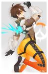  1girl absurdres amanda_evelyn_earl artist_name ass brown_hair goggles highres huge_filesize looking_at_viewer looking_back overwatch pants short_hair signature smile solo spray_paint tight tight_pants tracer_(overwatch) union_jack 