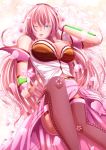  1girl bare_shoulders black_legwear blush breasts butterfly flower fuyuki_jun highres large_breasts megurine_luka megurine_luka_(vocaloid4) one_eye_closed parted_lips pink_hair solo thigh-highs vocaloid 