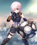  1girl armor blush breasts commentary_request fate/grand_order fate_(series) hair_over_one_eye purple_hair shield shielder_(fate/grand_order) short_hair solo tsuedzu violet_eyes 
