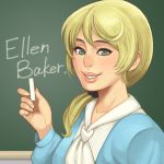  1girl blonde_hair chalk chalkboard character_name ellen_baker green_eyes lips long_hair maou_alba new_horizon parted_lips ponytail solo upper_body 