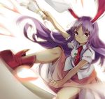  1girl animal_ears gun handgun long_hair looking_at_viewer makuwauri pink_eyes puffy_short_sleeves puffy_sleeves purple_hair rabbit_ears reisen_udongein_inaba shirt short_sleeves skirt smile solo touhou very_long_hair weapon 