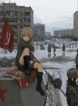  6+girls blonde_hair blue_eyes boots flag girls_und_panzer hat highres katyusha military military_vehicle multiple_girls short_hair sitting skirt snow solo_focus soviet_flag tank uehara_(ueharahaue) vehicle 