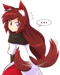  ... 1girl afterimage animal_ears brown_hair commentary dress eyebrows imaizumi_kagerou looking_at_viewer red_eyes simple_background solo spoken_ellipsis tail tail_wagging touhou white_background wolf_ears wolf_tail wool_(miwol) 