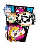  backpack bag bell bell_collar blue_eyes cat collar english freckles hat k-jiiro k-komaa kflamingo looking_at_viewer multiple_tails no_humans notched_ear one_eye_closed open_mouth simple_background speech_bubble star tail tomnyan two_tails white_background youkai youkai_watch youkai_watch_3 