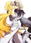  2girls armor bare_shoulders blonde_hair blue_eyes breasts capelet chain dual_persona fate/grand_order fate_(series) fur_trim gauntlets greaves headpiece hug incipient_kiss jeanne_alter long_hair multiple_girls oiun open_mouth parted_lips ruler_(fate/apocrypha) ruler_(fate/grand_order) selfcest short_hair thigh-highs yellow_eyes yuri 