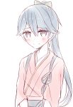  1girl houshou_(kantai_collection) japanese_clothes kantai_collection kimono kvlen long_hair monochrome ponytail simple_background smile solo white_background 