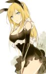  1girl 2016 :o animal_ears bare_legs bare_shoulders black_dress blonde_hair blue_eyes blush breasts bunny_tail cleavage collarbone colored_eyelashes copyright_request cowboy_shot dated detached_sleeves dress hair_ornament hair_scrunchie hand_on_thigh large_breasts long_hair long_sleeves looking_at_viewer lp_(hamasa00) parted_lips rabbit_ears scrunchie sketch sleeveless sleeveless_dress solo standing tail thighs 