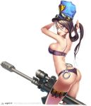  ass blue_eyes bra breasts caitlyn_(league_of_legends) cuffs gun handcuffs league_of_legends panties purple_bra purple_panties sp_magaet underwear weapon 