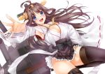  1girl :d ahoge bare_shoulders blush boots breasts brown_hair cleavage detached_sleeves double_bun hairband headgear japanese_clothes kantai_collection kongou_(kantai_collection) large_breasts long_hair looking_at_viewer nontraditional_miko obiwan open_mouth outstretched_hand ribbon-trimmed_sleeves ribbon_trim simple_background smile solo thigh-highs thigh_boots white_background 