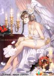  1girl angel angel_wings anklet bare_shoulders barefoot bob_cut breasts brown_hair candle candlelight candlestand cleavage collarbone covered_nipples curtains fan feathers flower garters gloves hair_ornament jewelry lavender_eyes leaning_forward looking_at_viewer necklace parted_lips qurare_magic_library short_hair side_slit sitting smile whoisshe wings 