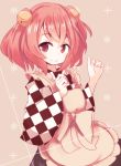  1girl apron bangs bell beni_shake checkered checkered_shirt eyebrows hair_bell hair_ornament long_sleeves looking_at_viewer motoori_kosuzu pink_hair red_eyes shirt simple_background smile solo touhou twintails wide_sleeves 