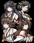  4girls :o bare_shoulders black_background blue_eyes breasts detached_sleeves grin hairband haruna_(kantai_collection) headgear hiei_(kantai_collection) kantai_collection kirishima_(kantai_collection) kongou_(kantai_collection) large_breasts looking_at_viewer macaroni_and_cheese multiple_girls nontraditional_miko siblings sisters smile upper_body 